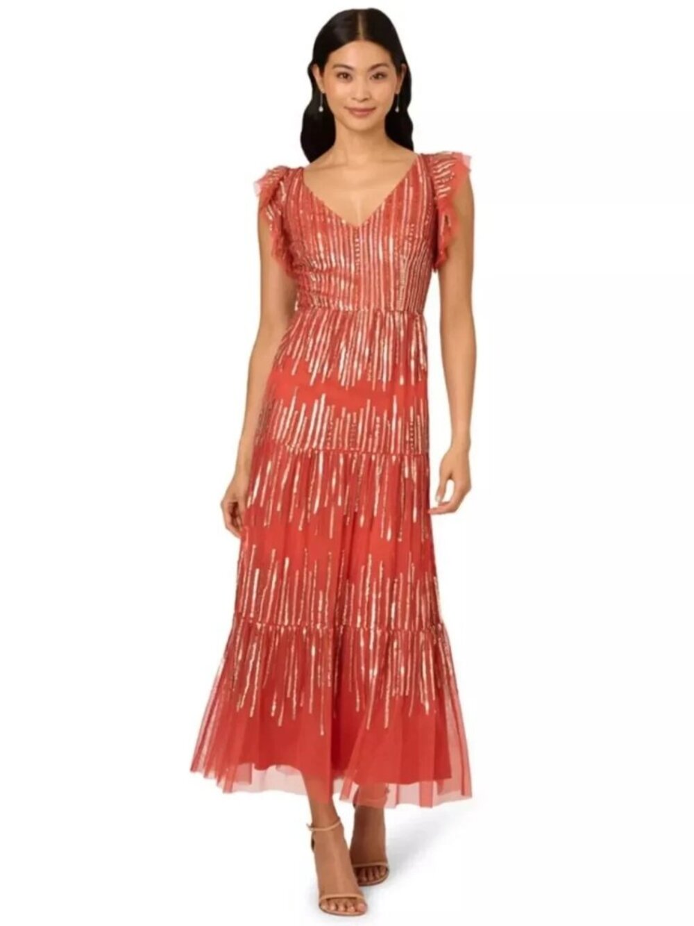 Adrianna Papell Amber Rust Beaded Sequin Mesh Tiered Dress